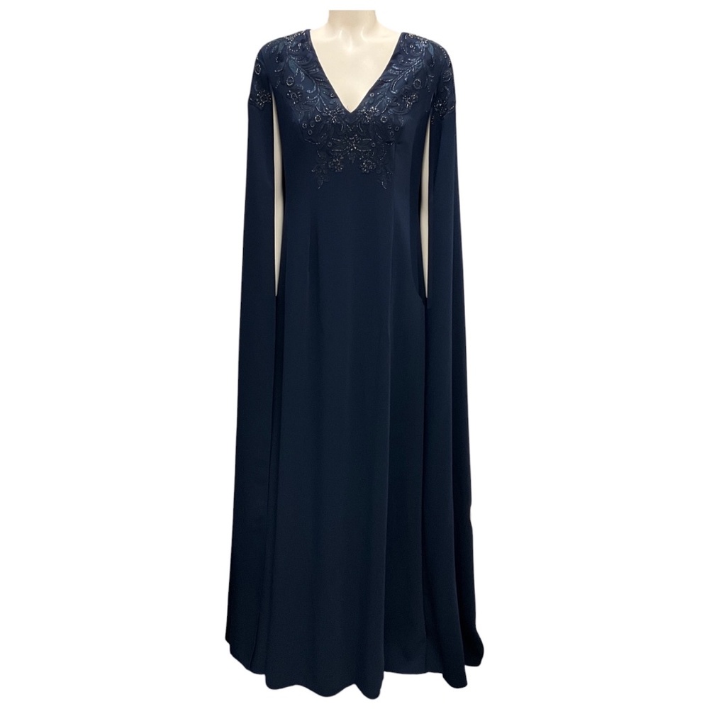 Carolina Herrera Midnight 2022 V Neck Sheath Cape Caftan Gown